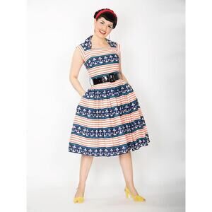 Bernie Dexter Sailor Dress Red Blue Anchor Striped Nautical Fit & Flare Size XL